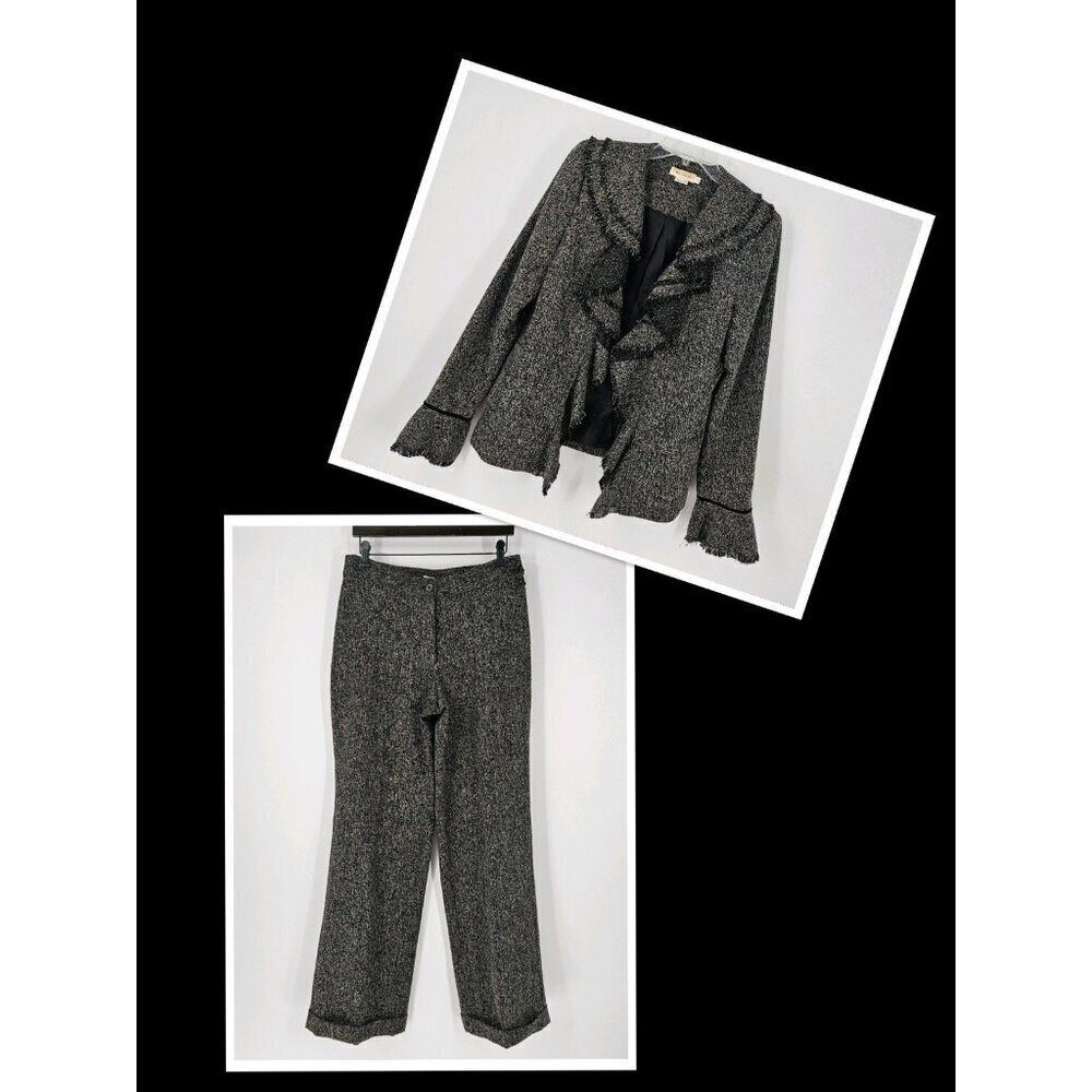 Melrose 2 Pc Sz 10 Charcoal Gray Tweed Cuffed Pant/Lined Blazer Cascade Ruffle